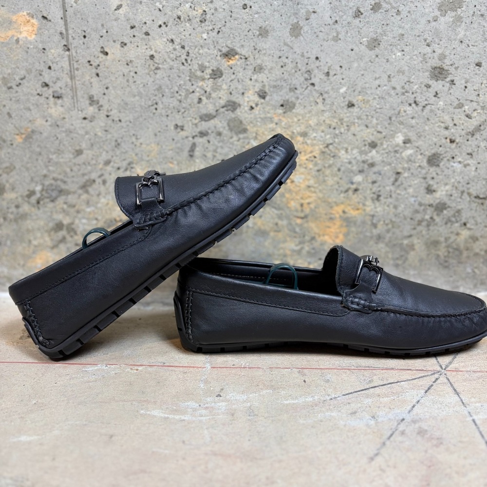 Bruno Magli Xavier Mens Loafers 8.5 Black Leather Moc Toe Slip On Shoes Italy